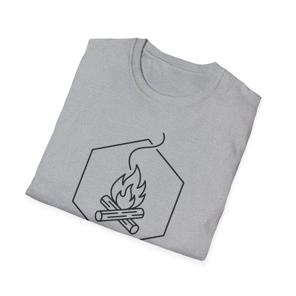 Light gray T-shirt with hexagon campfire line graphic on the chest