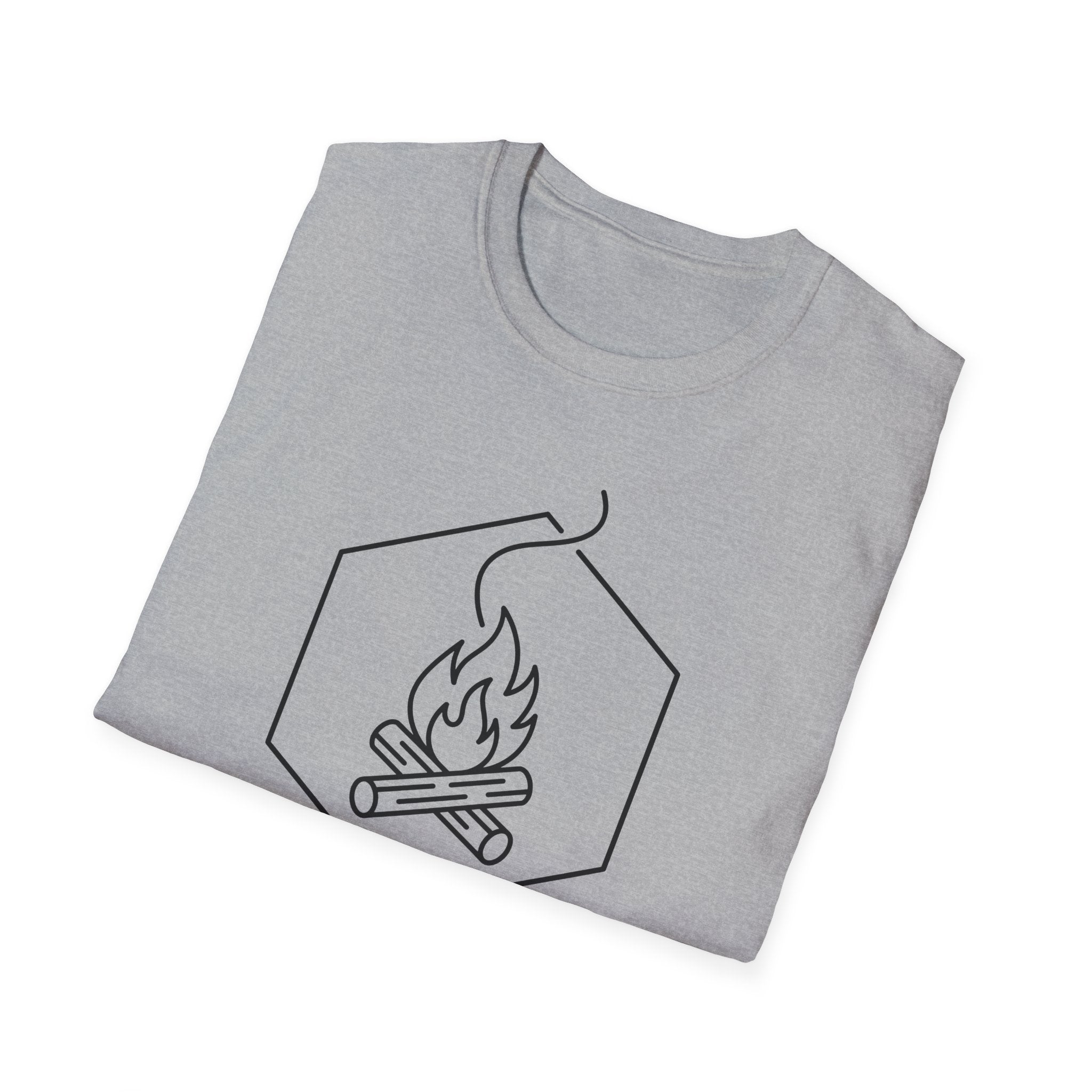 Light gray T-shirt with hexagon campfire line graphic on the chest