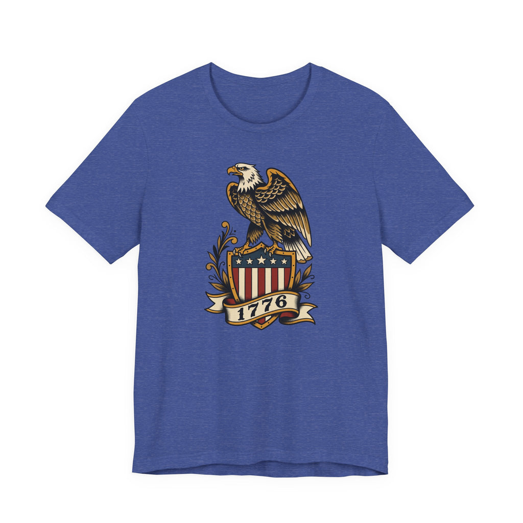 Royal blue t-shirt with eagle shield graphic and banner reading 1776