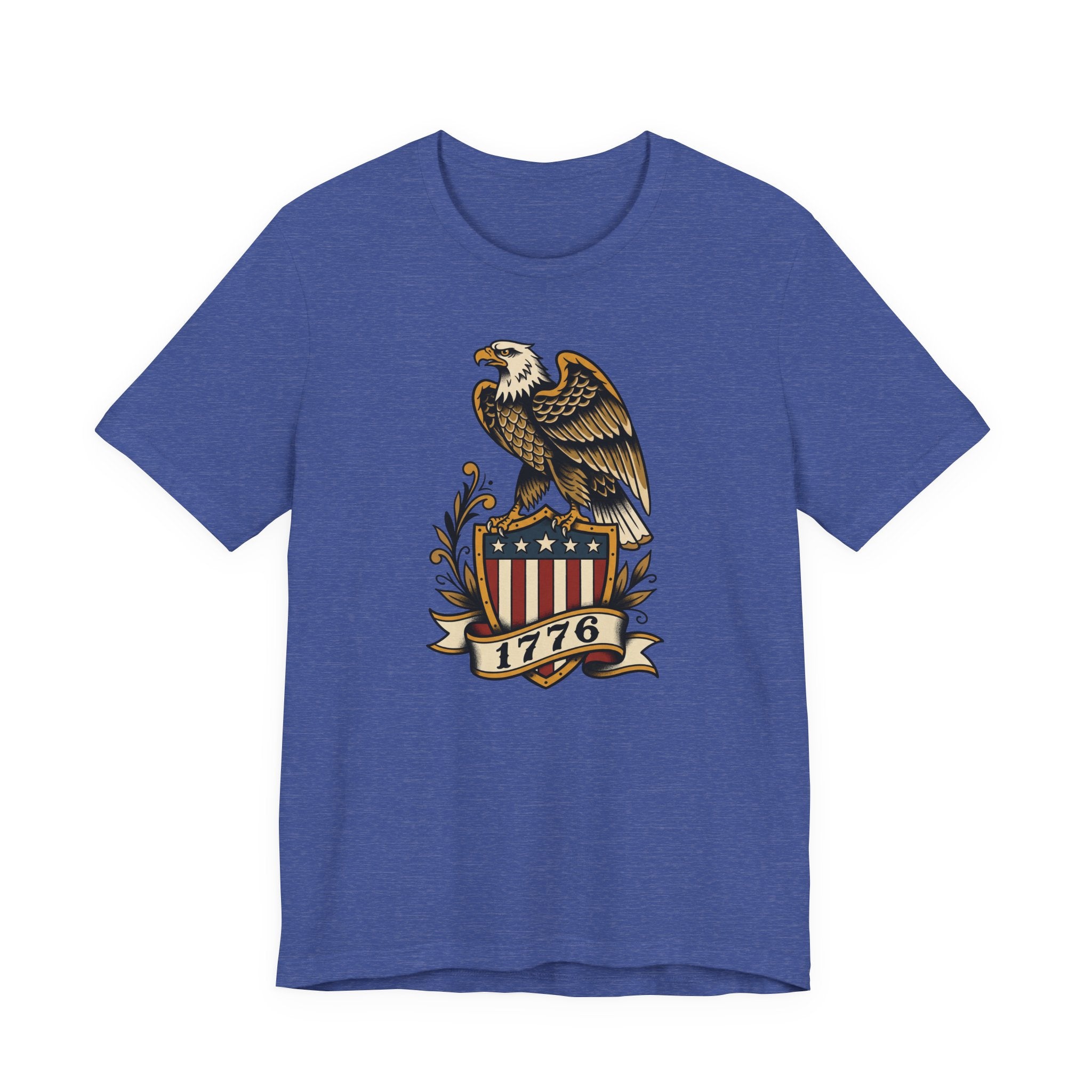 Royal blue t-shirt with eagle shield graphic and banner reading 1776