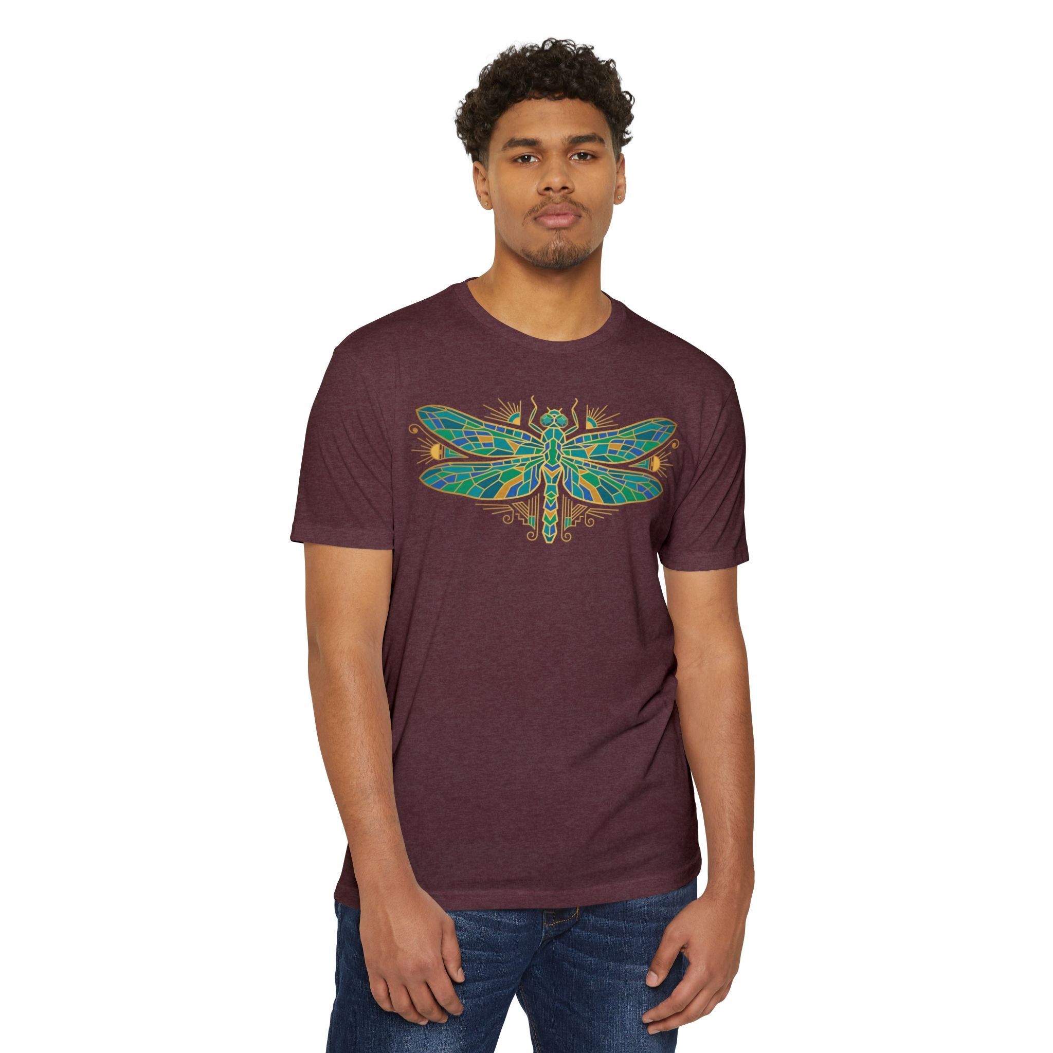 Maroon t-shirt featuring a teal dragonfly illustration on the front