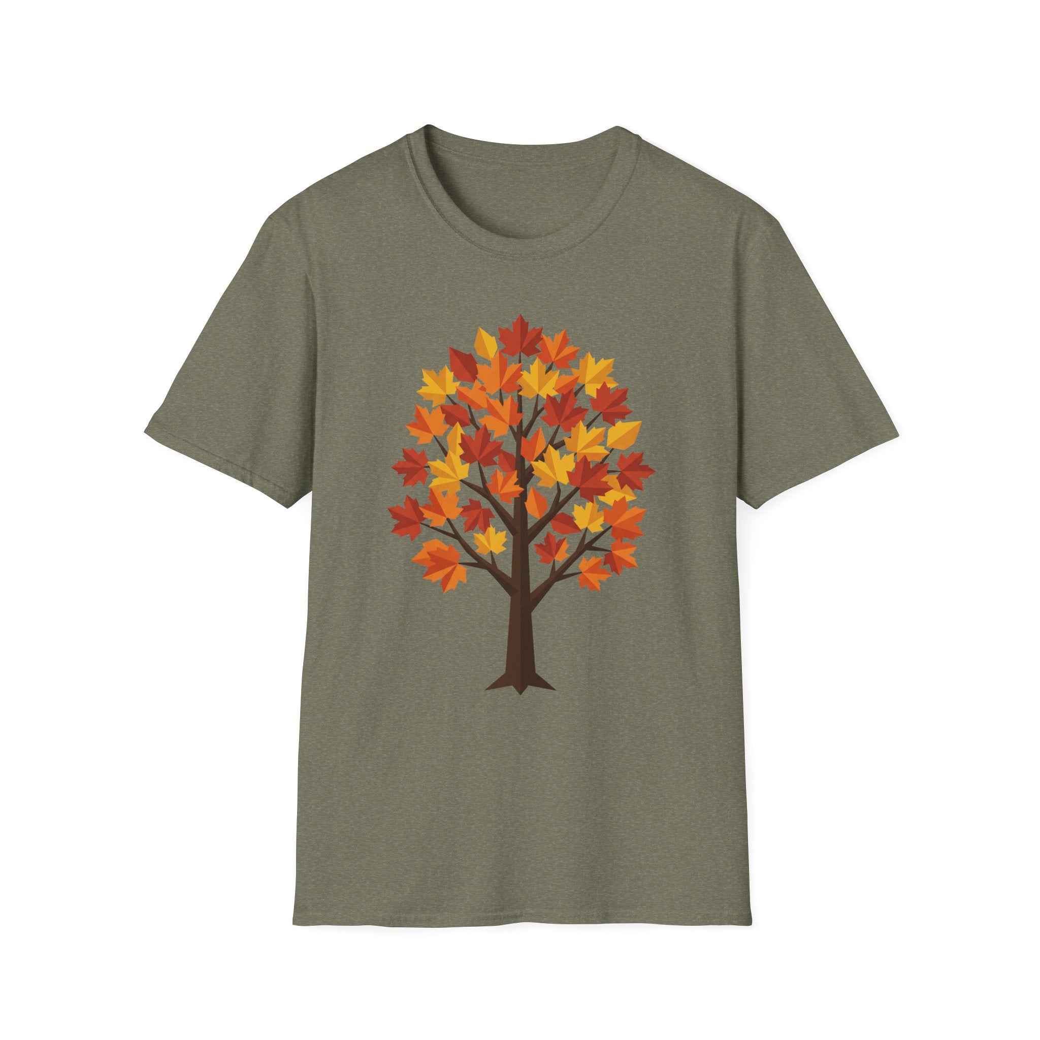 Camiseta verde militar con árbol de arce otoñal y hojas de colores, estampado frontal