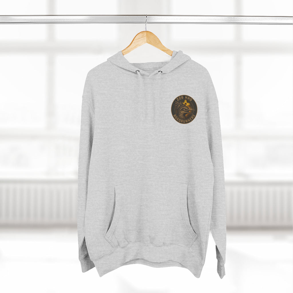 Heather gray pullover hoodie on hanger, hood and front pocket with chest patch