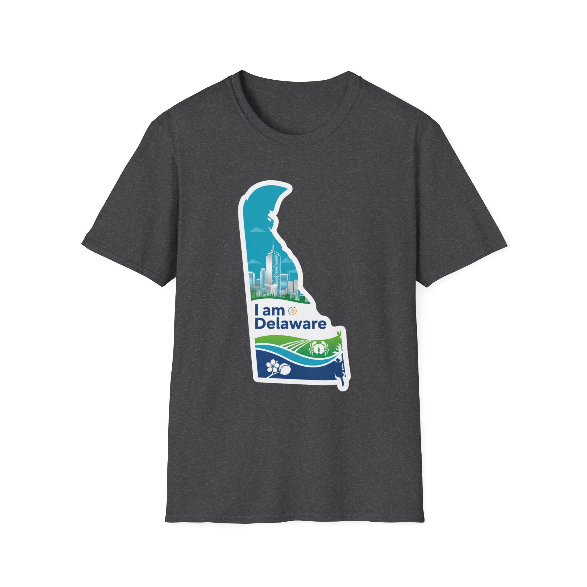 Graphite heather T-shirt with blue Delaware outline and “I Am Delaware” front graphic