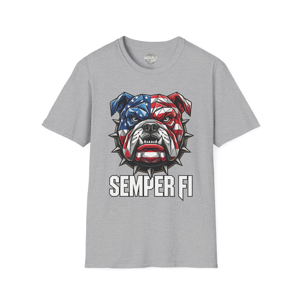 Sport grey Semper Fi bulldog T-shirt featuring American flag head graphic