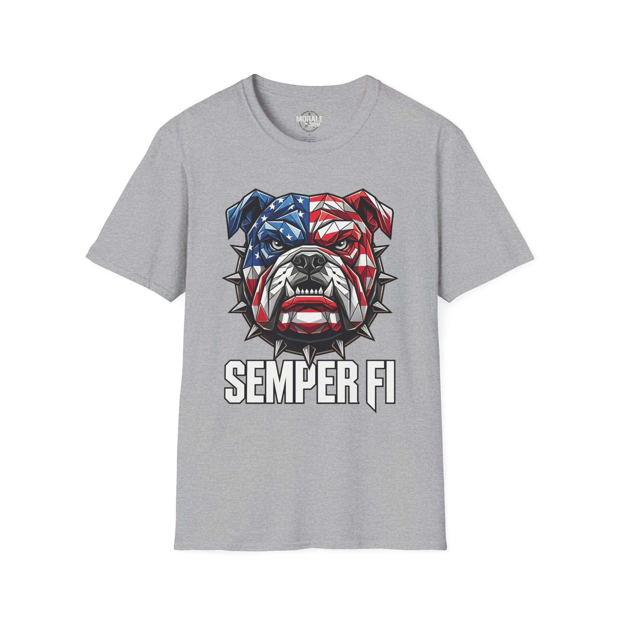 Sport grey Semper Fi bulldog T-shirt featuring American flag head graphic