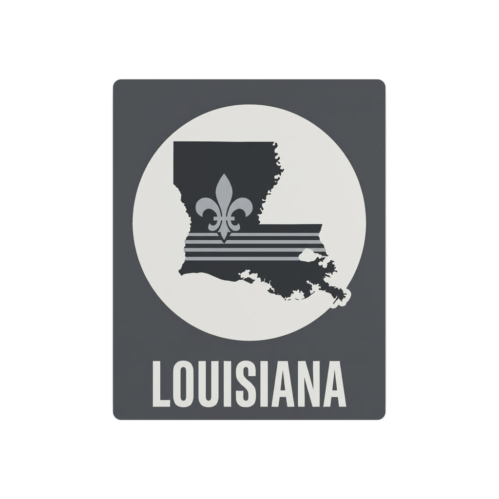 Louisiana metal art sign with white circle, fleur-de-lis silhouette, and “LOUISIANA” text