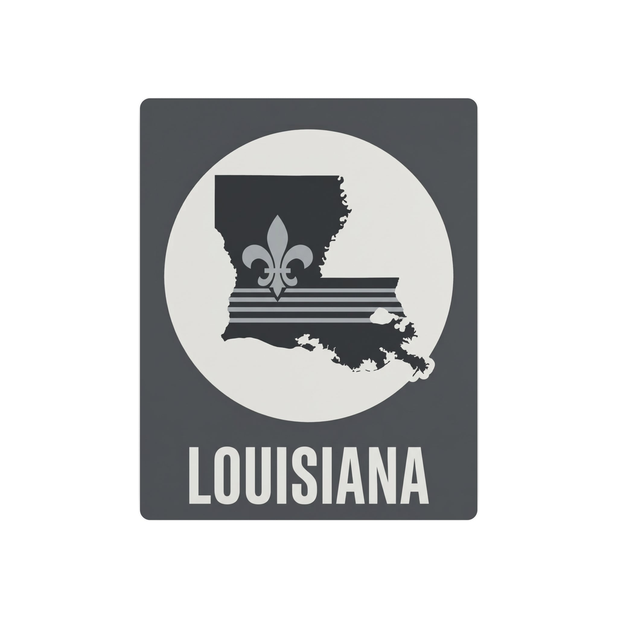 Louisiana metal art sign with white circle, fleur-de-lis silhouette, and “LOUISIANA” text