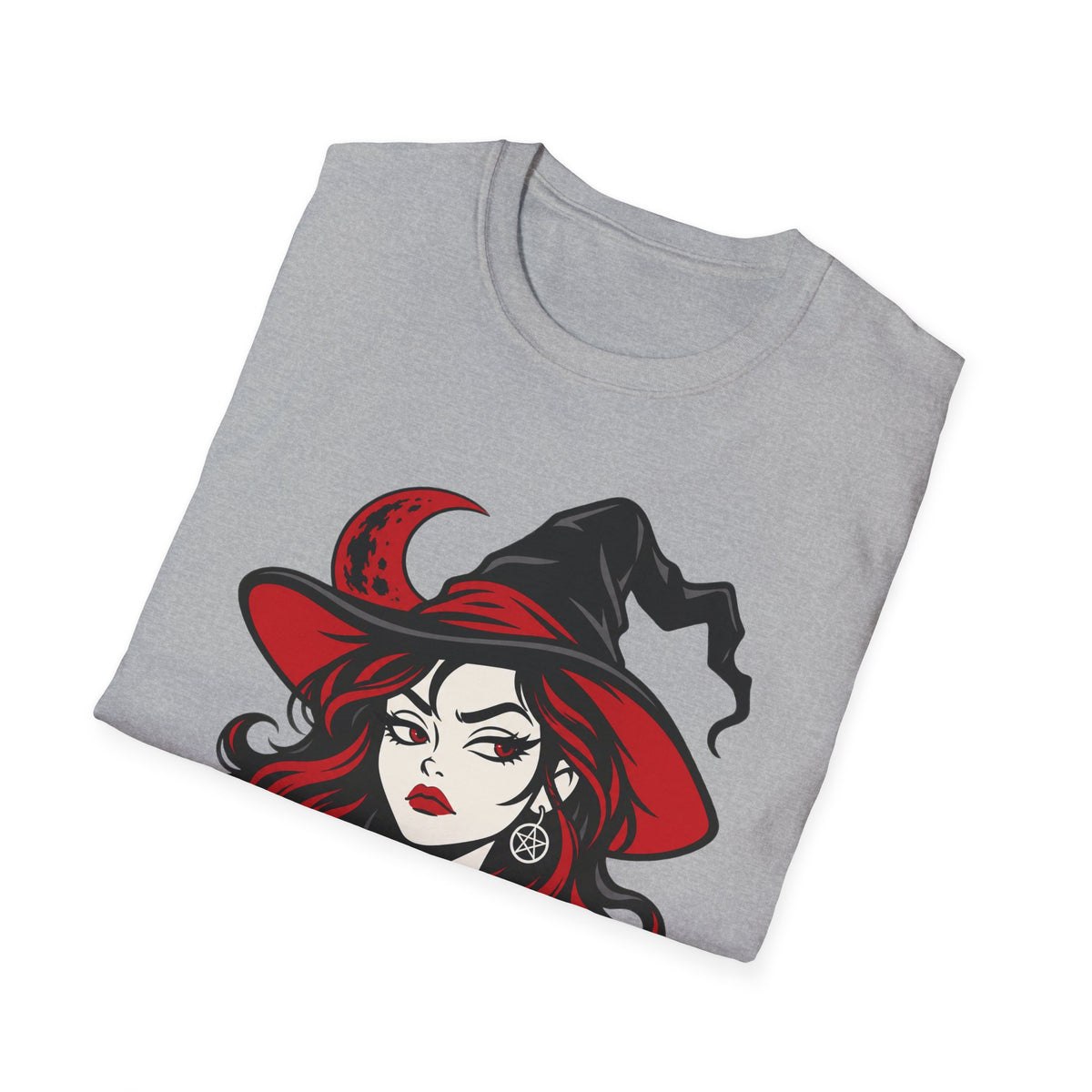 Sport gray Halloween witch face graphic T-shirt with red hat and moon accents