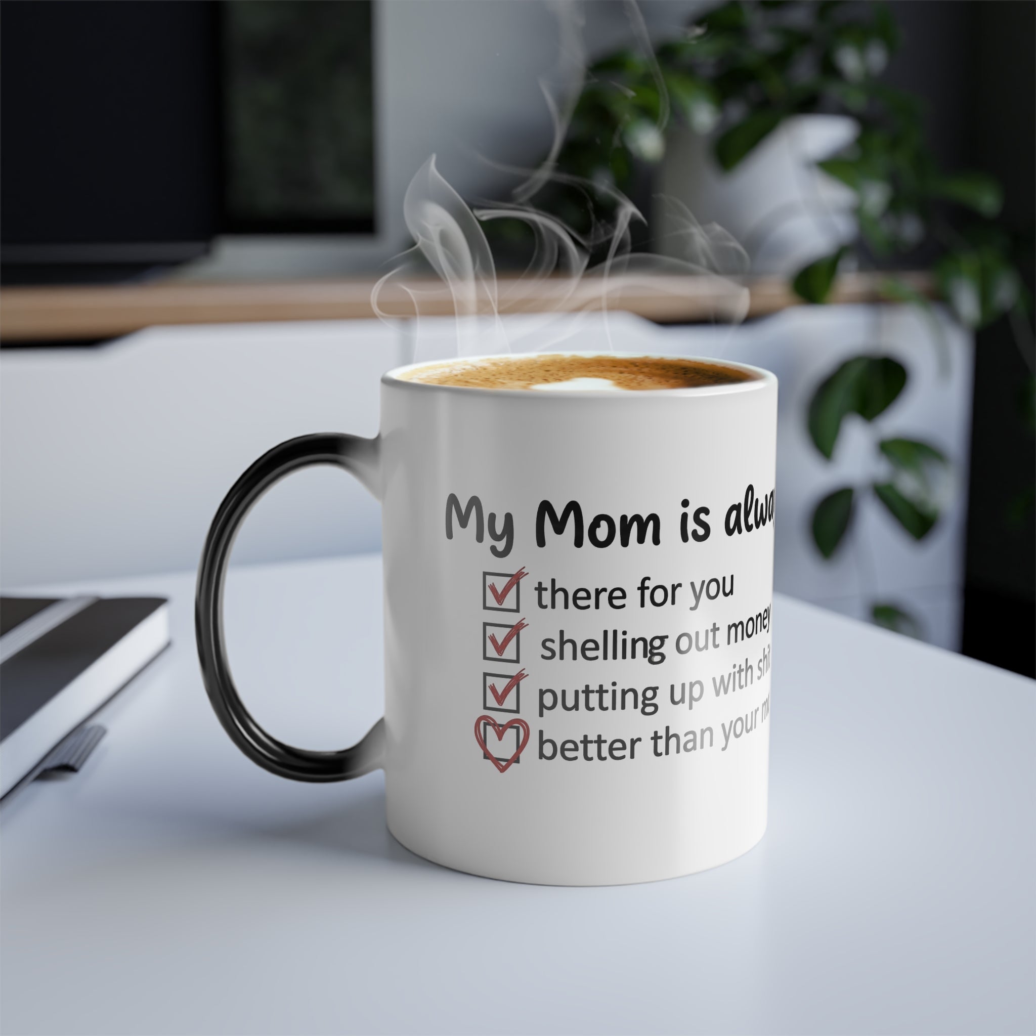 My Mom Checklist color morphing mug, white with black handle and checkmark quote