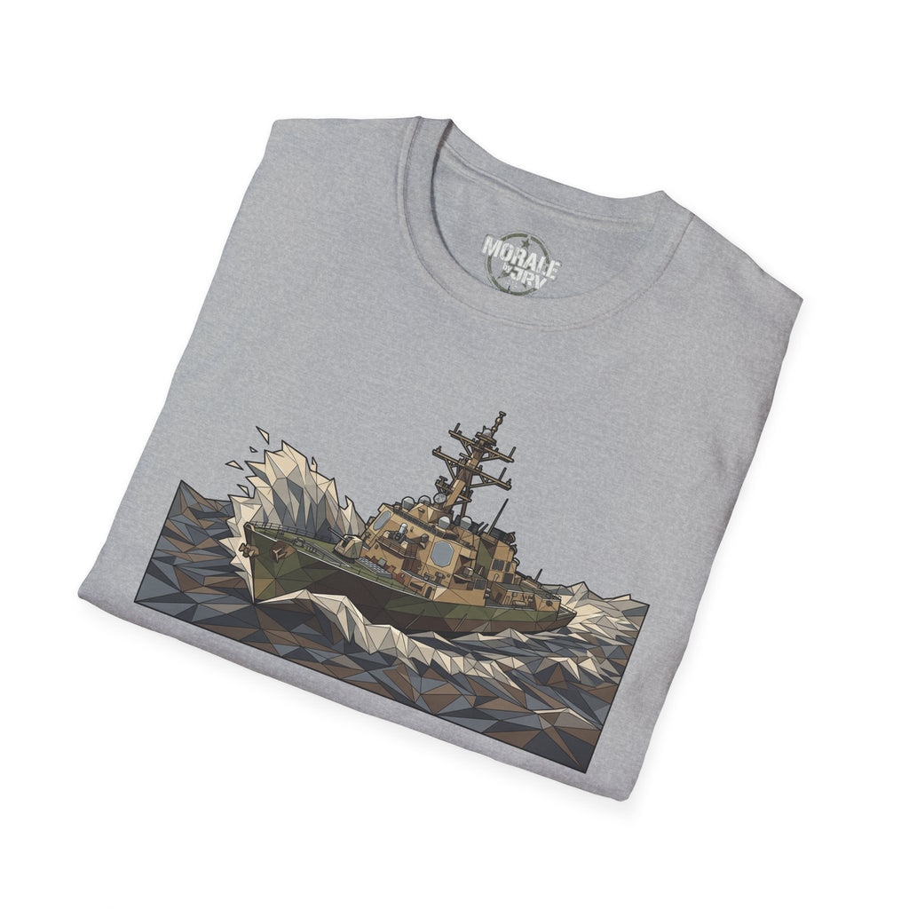 Light gray Coast Guard Cutter T-Shirt with geometric ship and rough seas graphic
