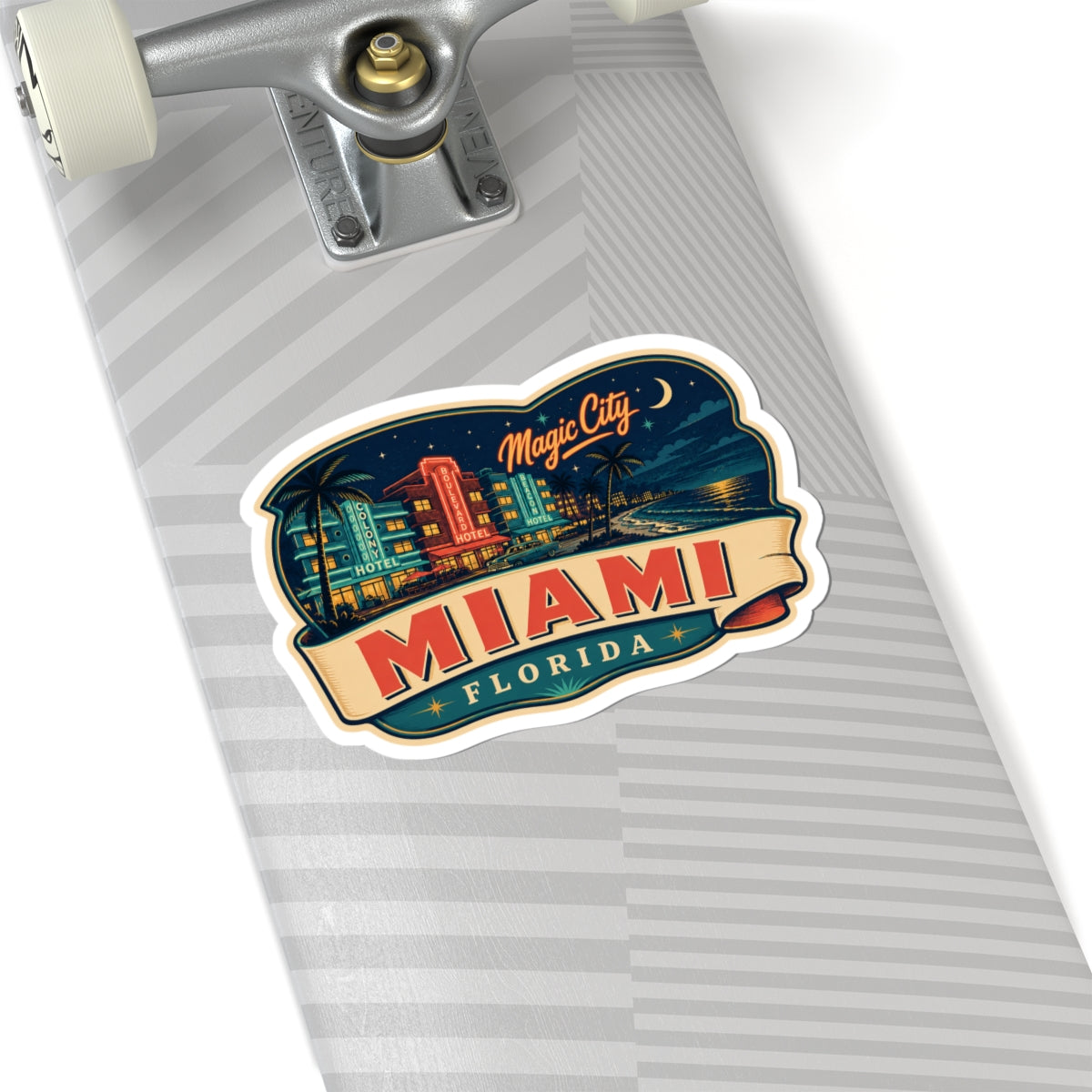 Miami luggage tag sticker on striped suitcase, "Magic City" skyline with "MIAMI"