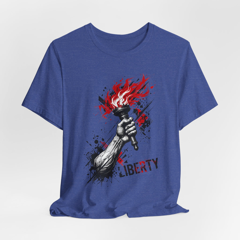 Royal blue graphic t-shirt with red flame torch statue print and Liberty text