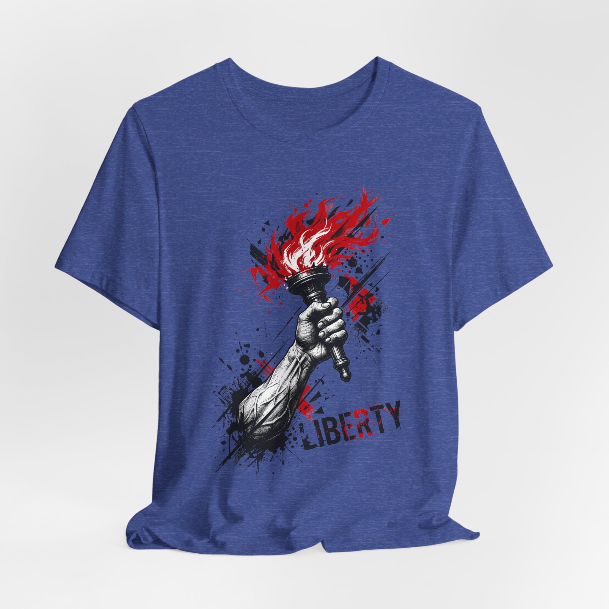 Royal blue graphic t-shirt with red flame torch statue print and Liberty text