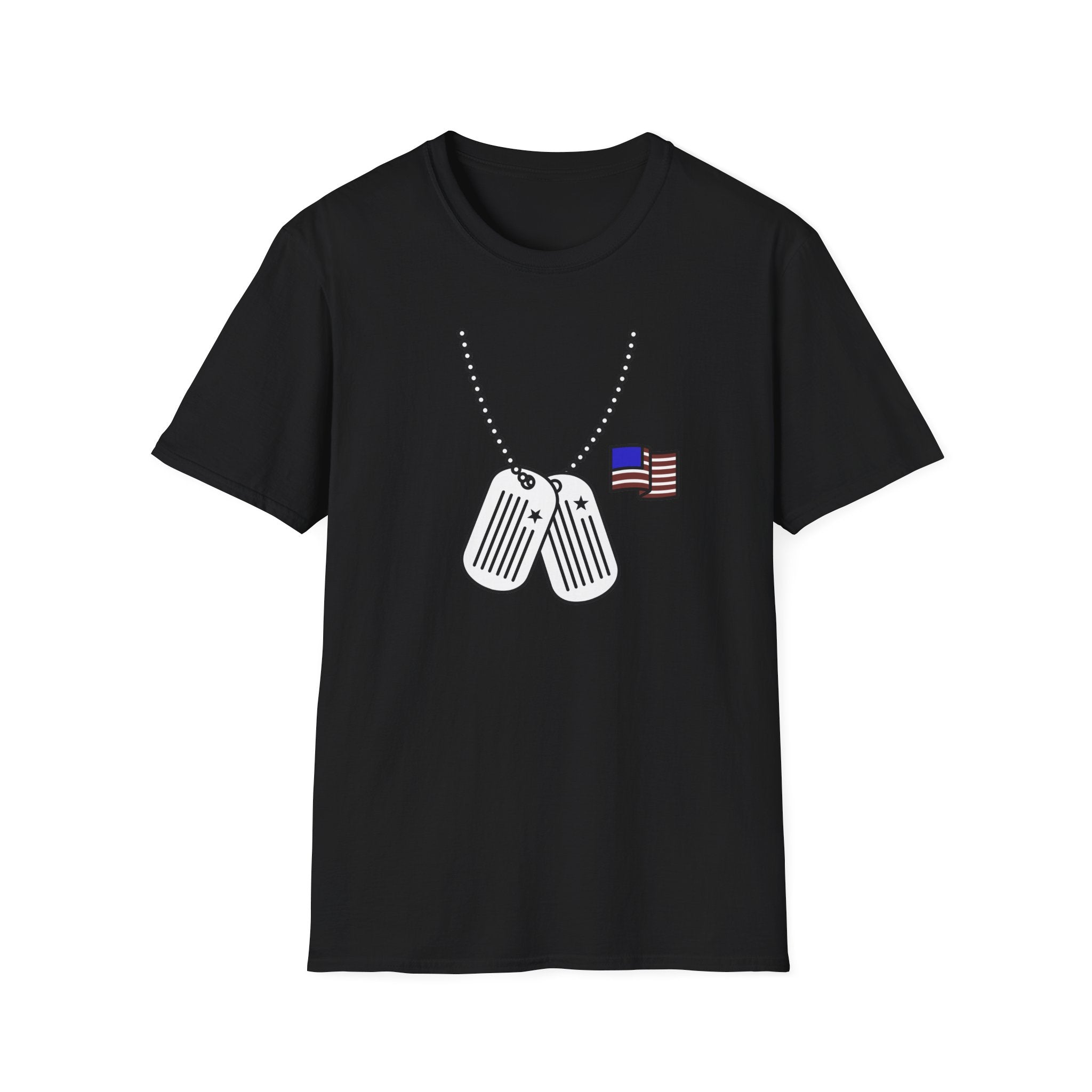 Black T-shirt with dog tag chest graphic and small American flag