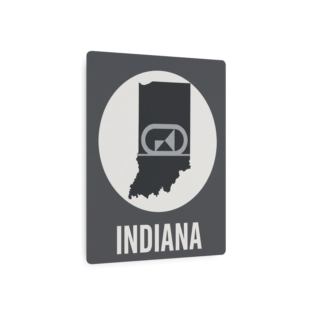 Indiana metal wall art with retro camera icon, state silhouette, and bold “INDIANA” text