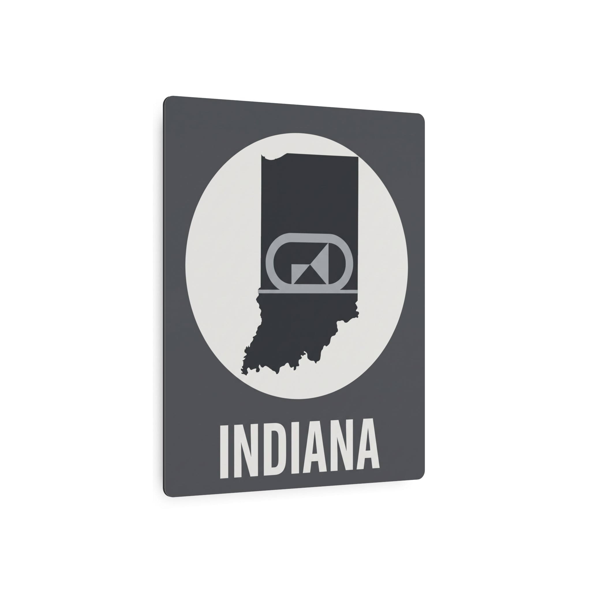 Indiana metal wall art with retro camera icon, state silhouette, and bold “INDIANA” text