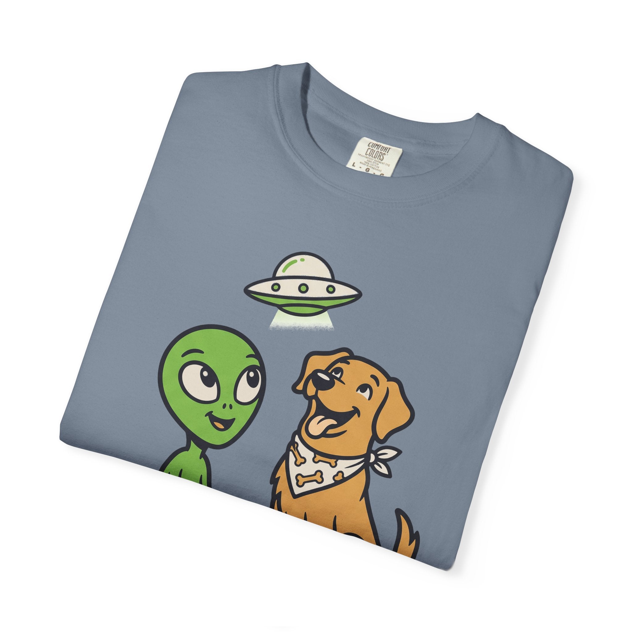 Alien and dog graphic t-shirt, slate blue crew neck short sleeves