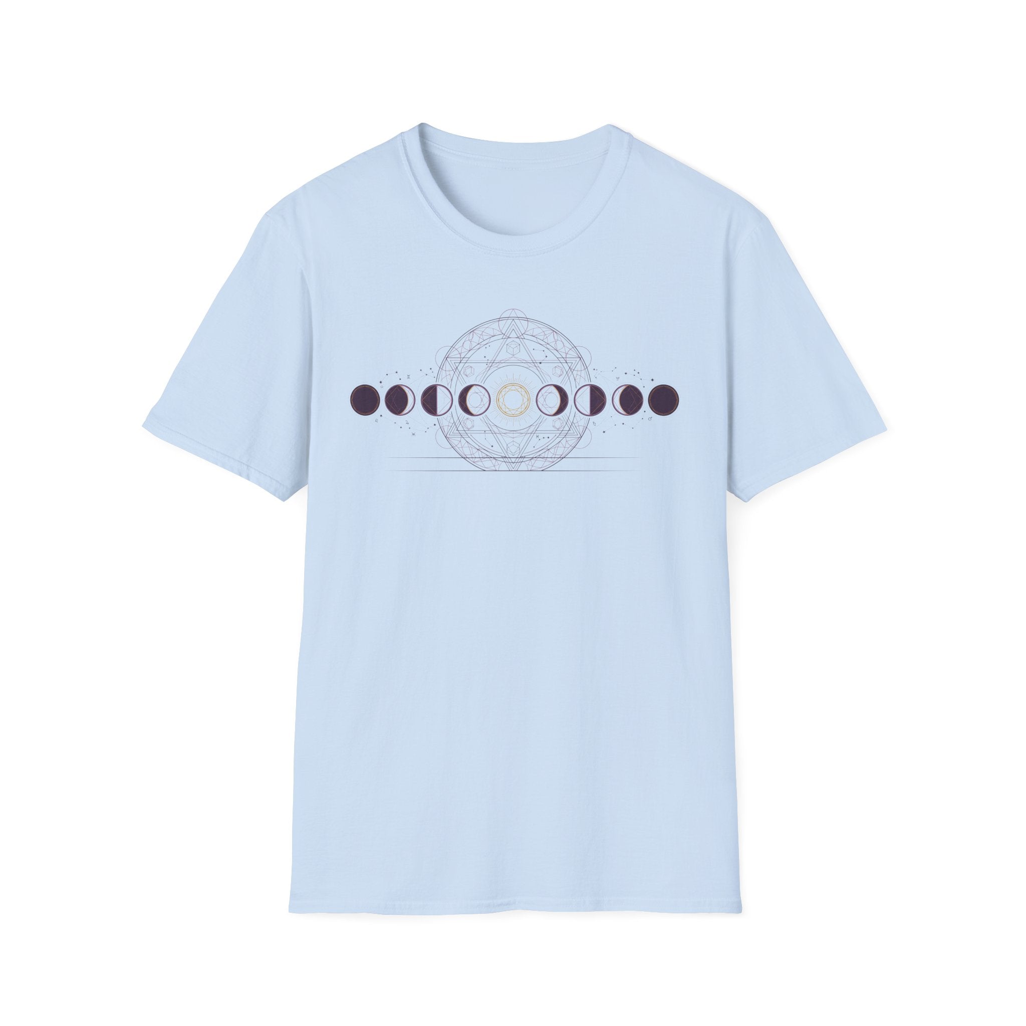 Light blue crew-neck T-shirt with moon phase circle graphic across the chest