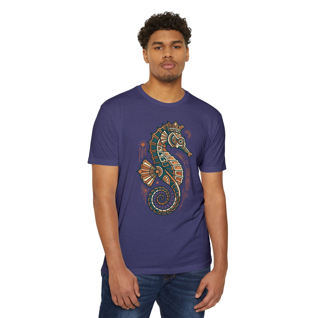Purple crew-neck T-shirt with colorful seahorse mosaic graphic on the front