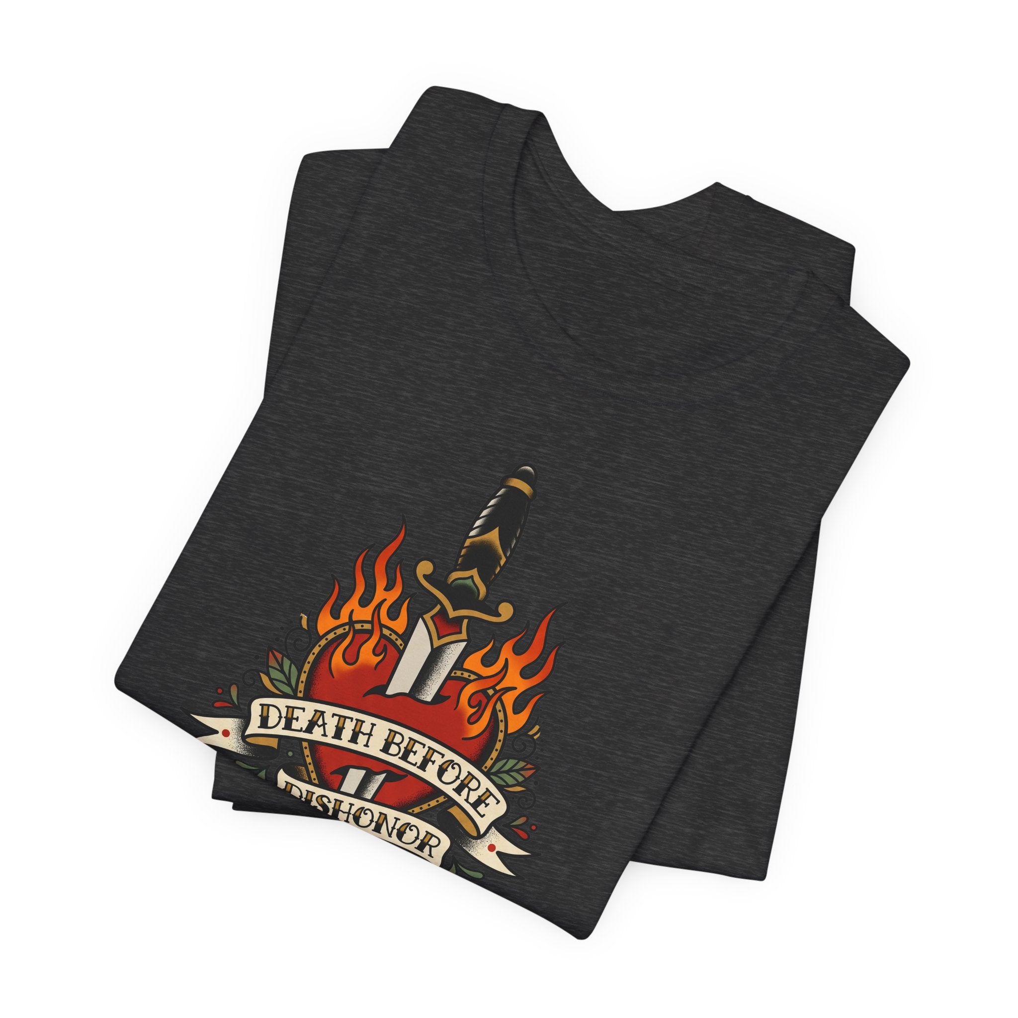 Black T-shirt with flame dagger chest graphic