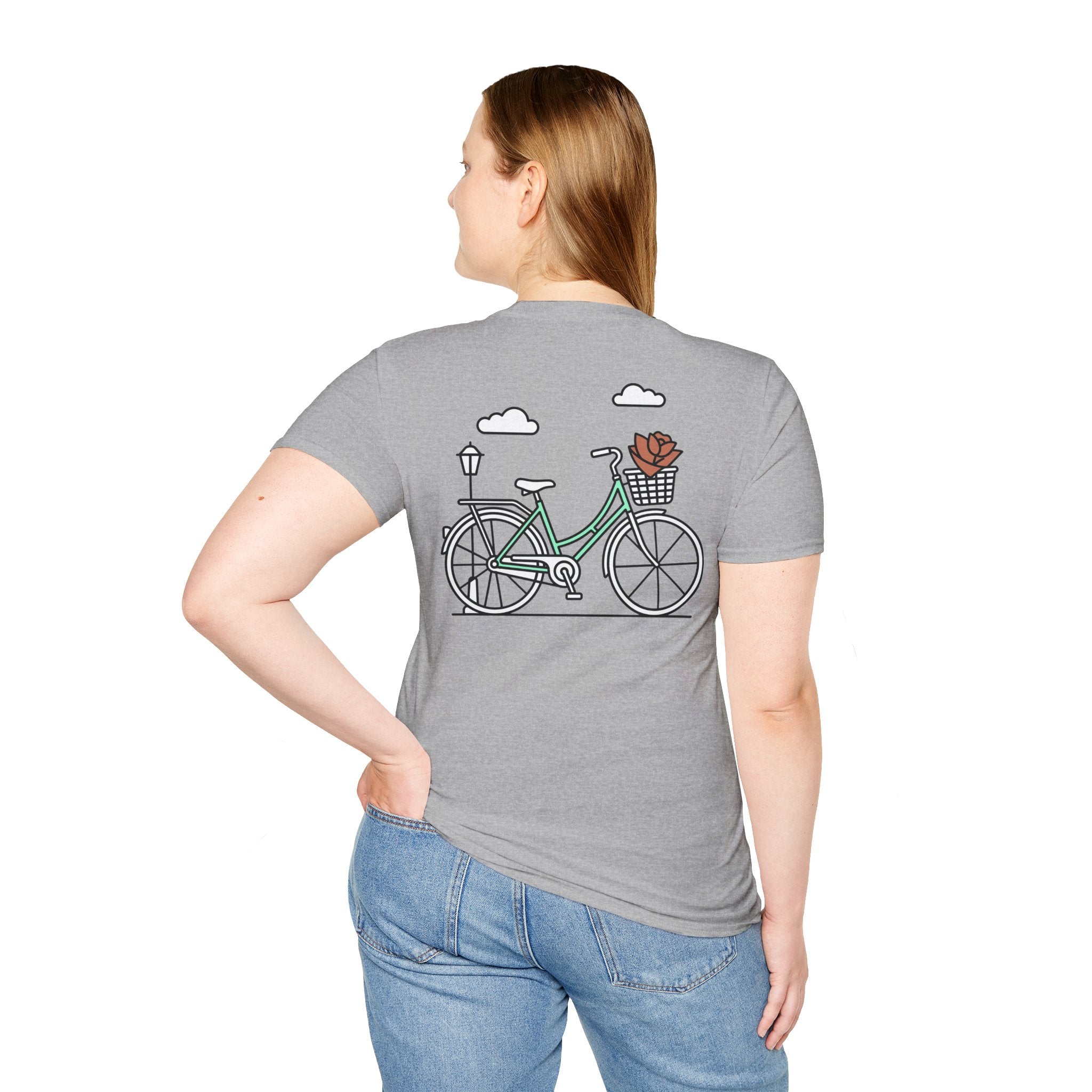 Gray bicycle graphic T-shirt with flower basket bike and clouds, back view