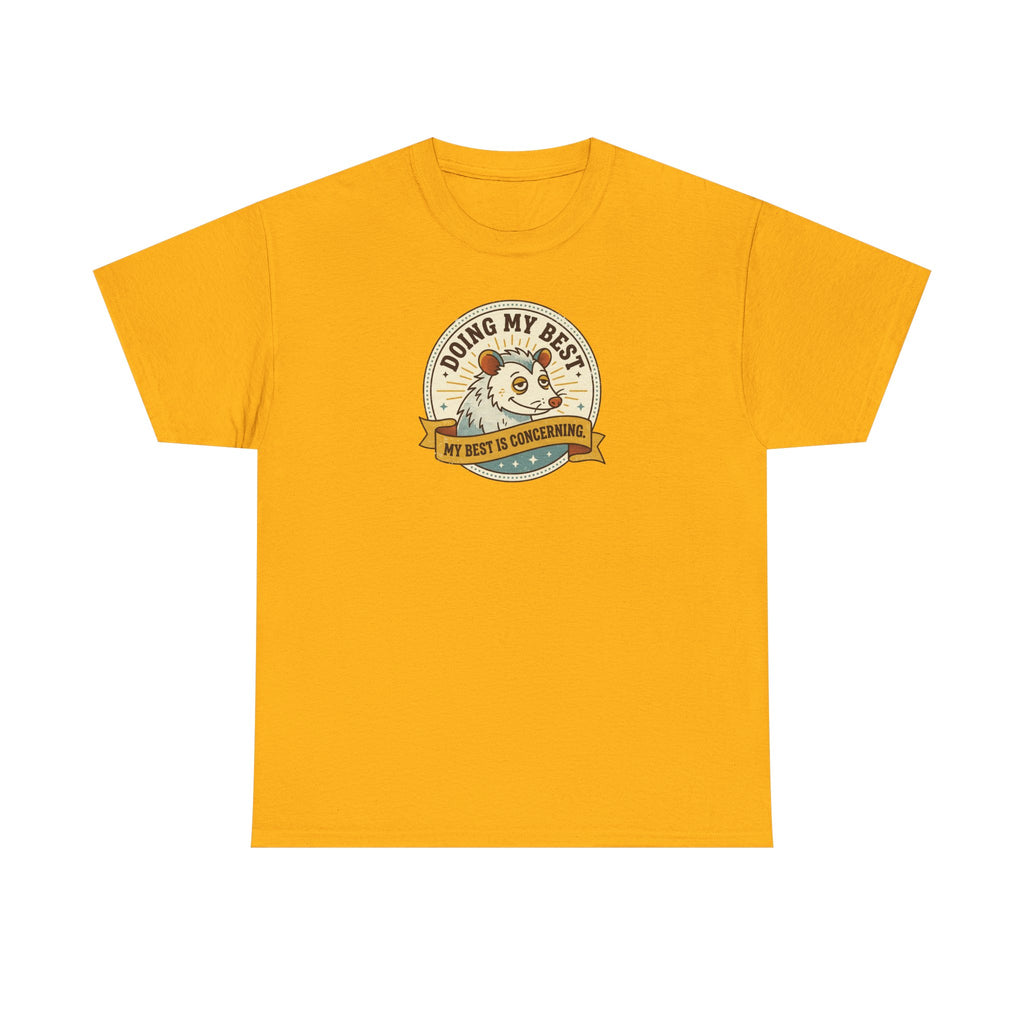Orange sloth graphic T-shirt with round badge-style front print