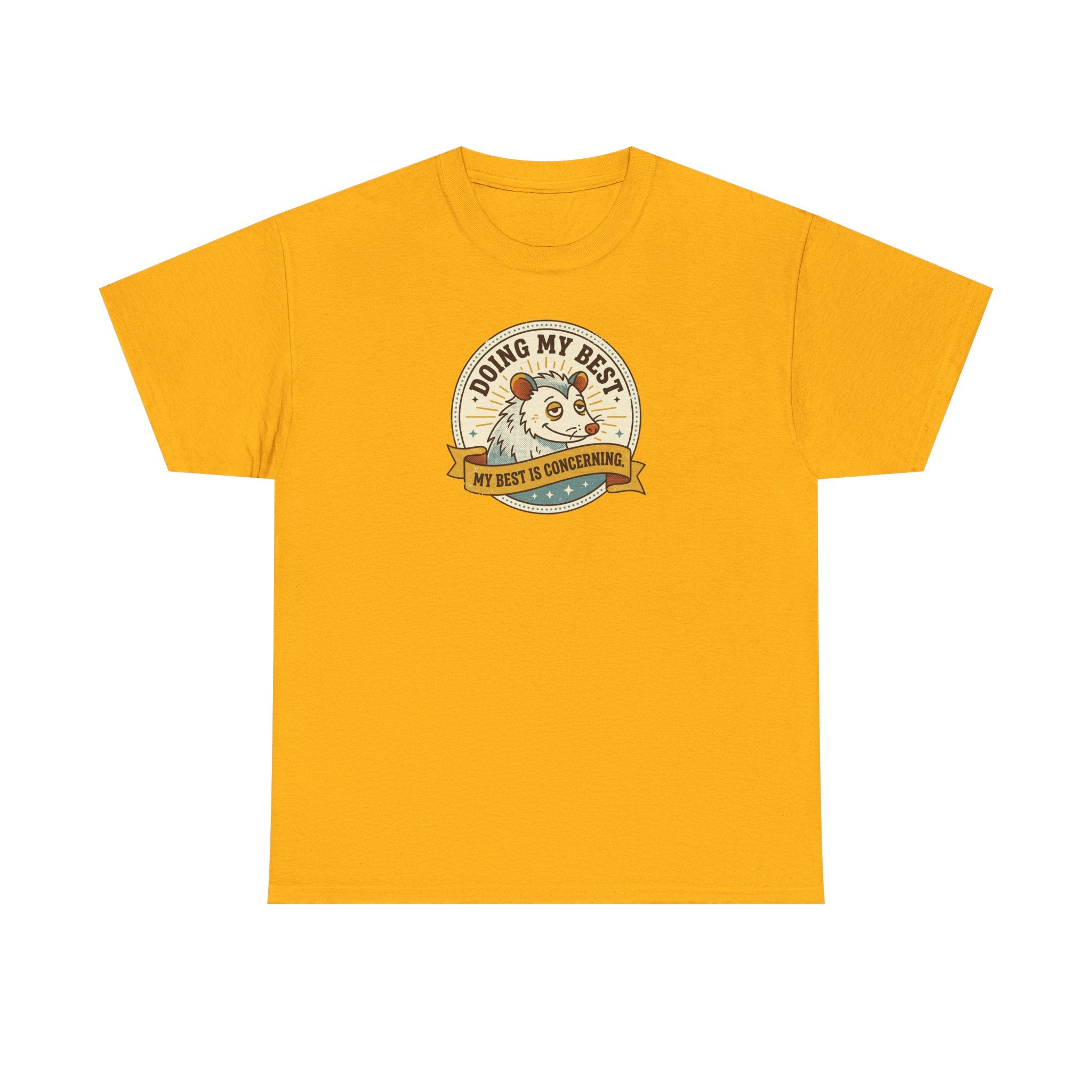 Orange sloth graphic T-shirt with round badge-style front print