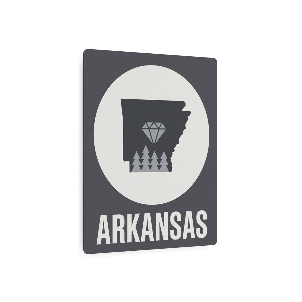 Arkansas metal art sign, dark gray square with white circle and ARKANSAS wordmark