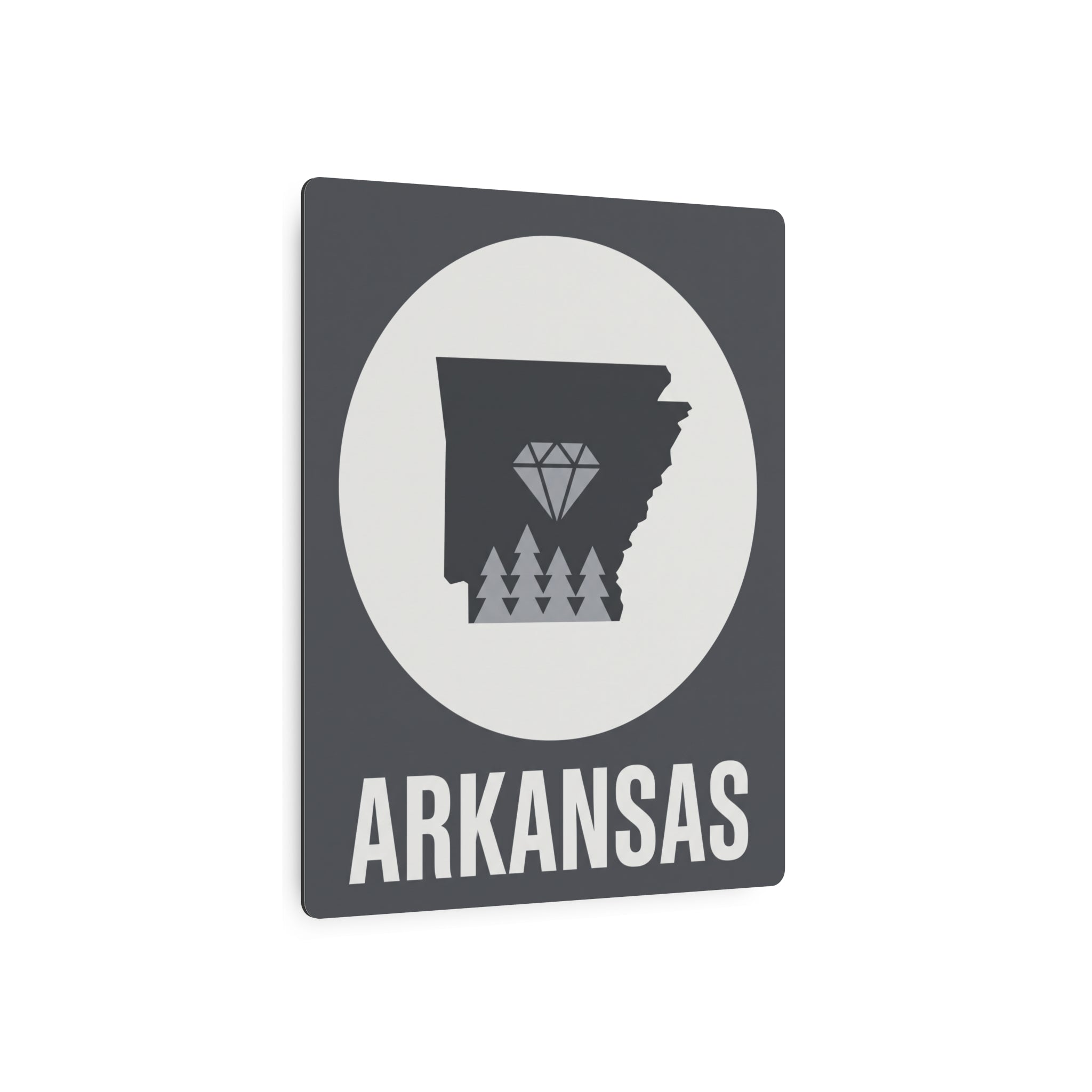 Arkansas metal art sign, dark gray square with white circle and ARKANSAS wordmark