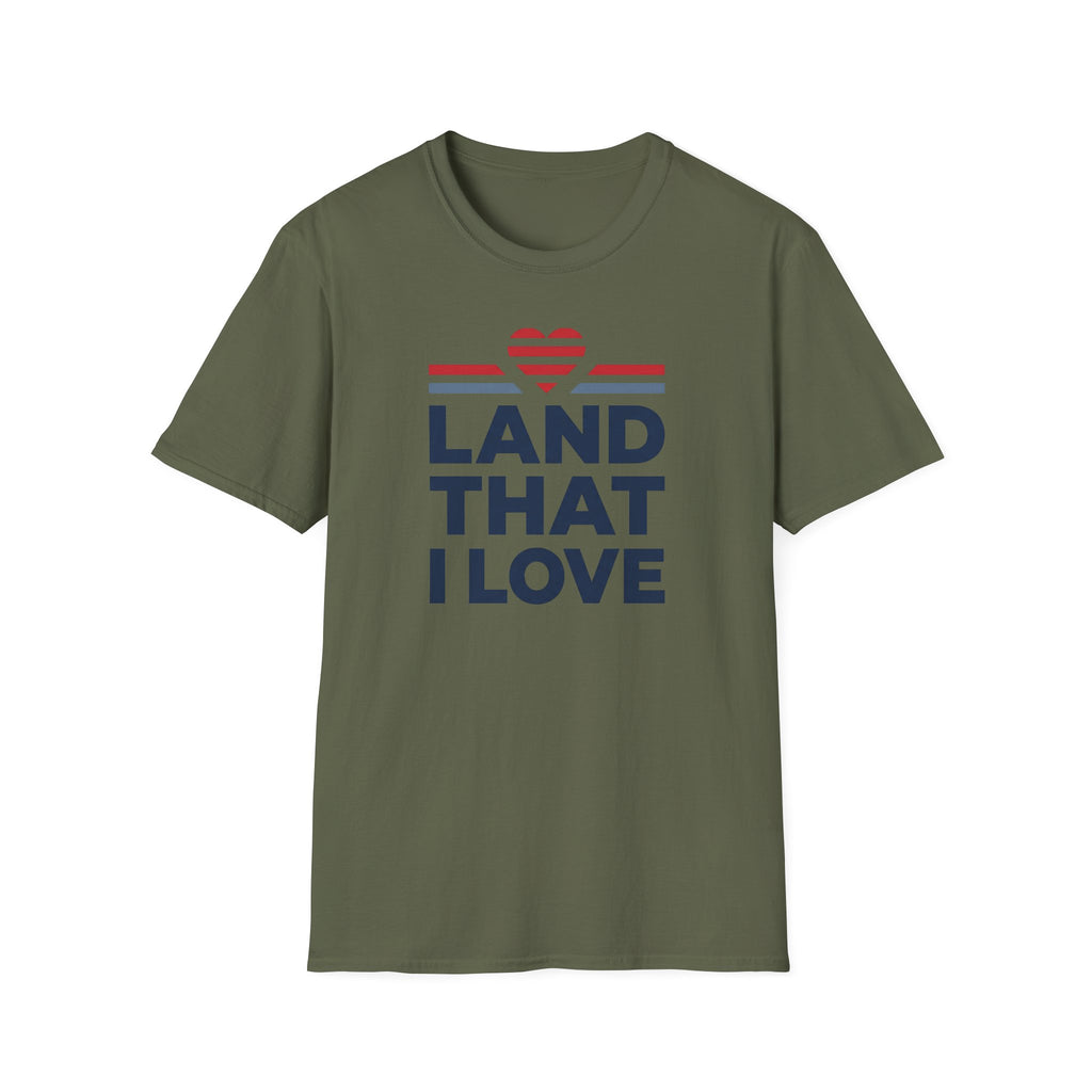 Olive green unisex t-shirt with patriotic heart and text graphic on front.