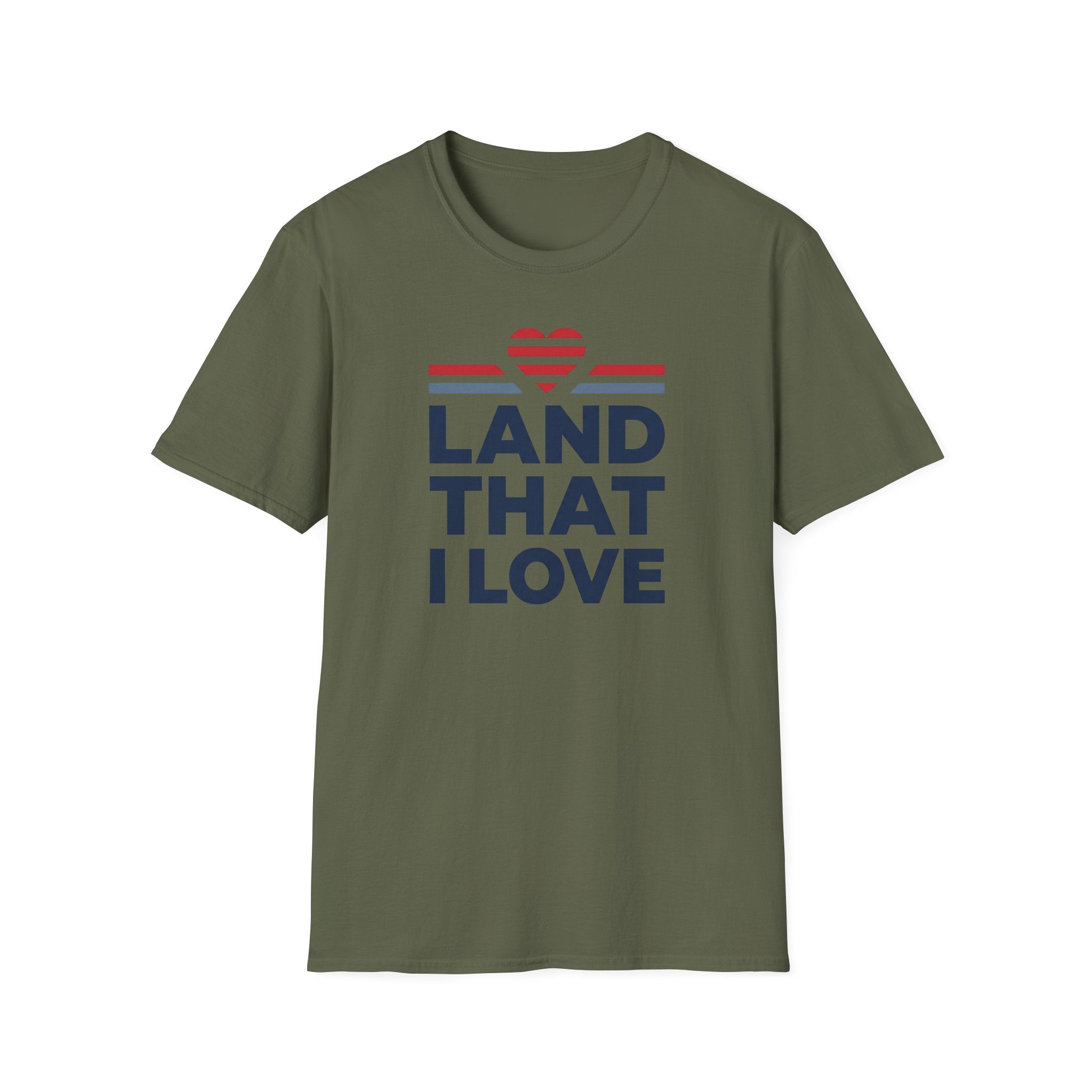 Olive green unisex t-shirt with patriotic heart and text graphic on front.