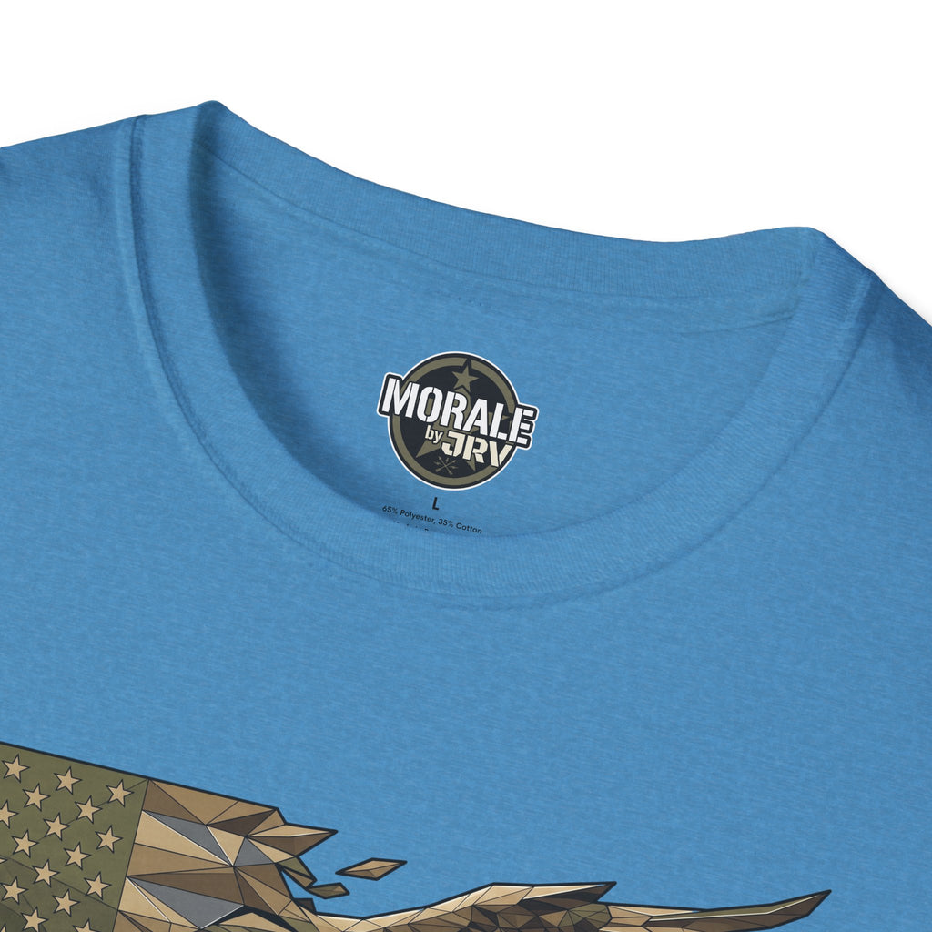 Light blue T-shirt neckline with round “MORALe by JRIV” logo patch