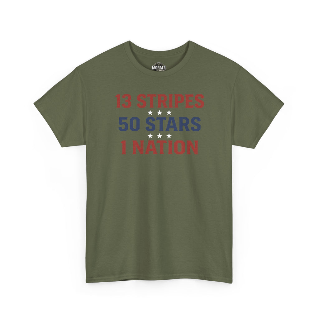 Patriotic T-shirt, olive green, front graphic text: 13 STRIPES 50 STARS 1 NATION.