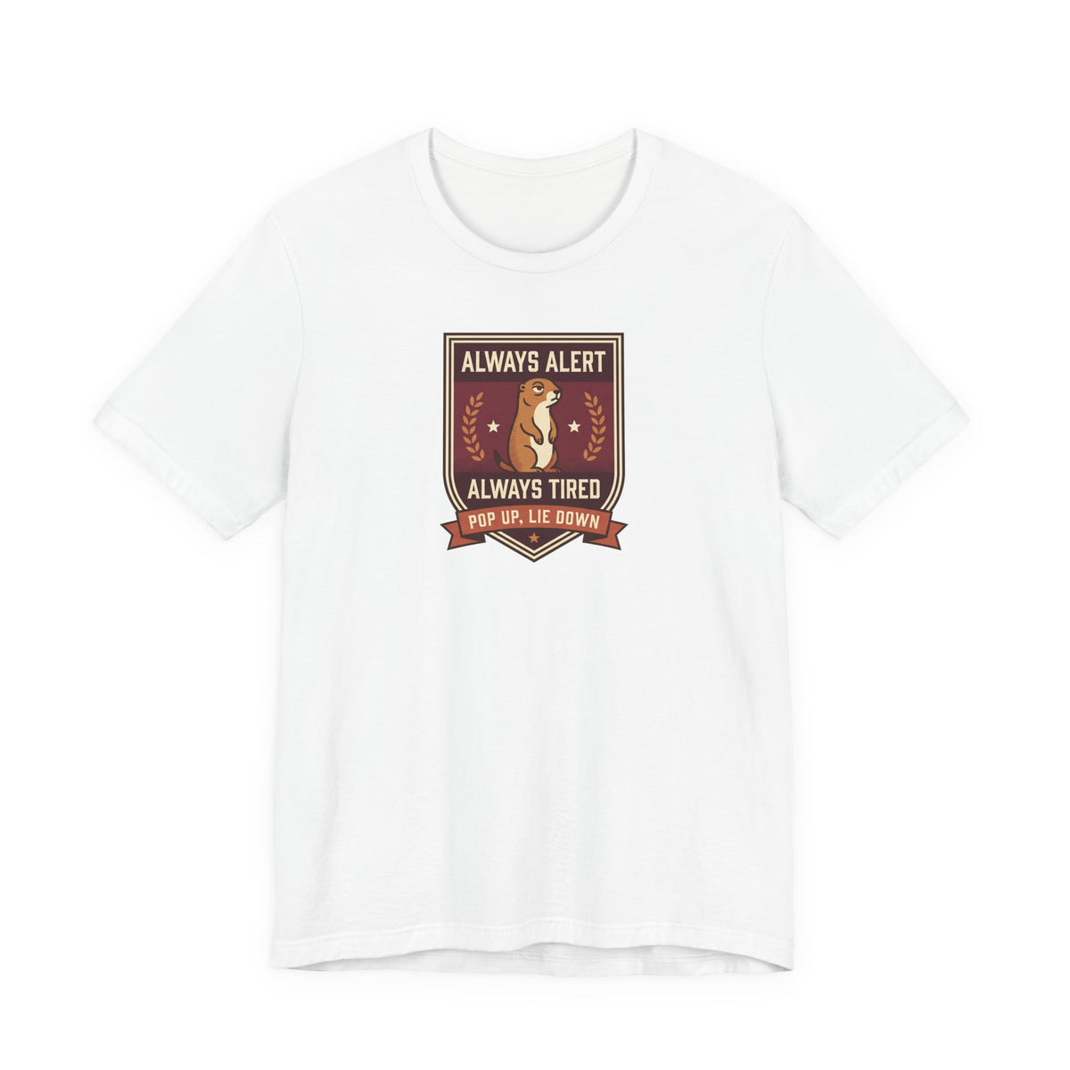 White T-shirt with squirrel crest badge graphic and “Always Alert Always Tired” text