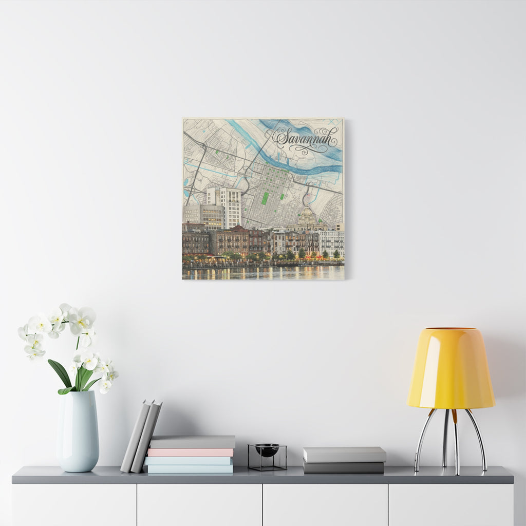 Savannah, GA stretched canvas art, 1.25 in: small city map print with river and route lines