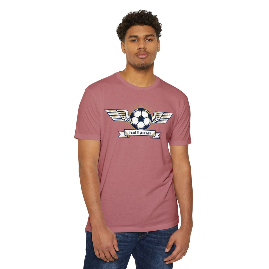 Men's maroon vintage soccer T-shirt with winged emblem graphic on chest