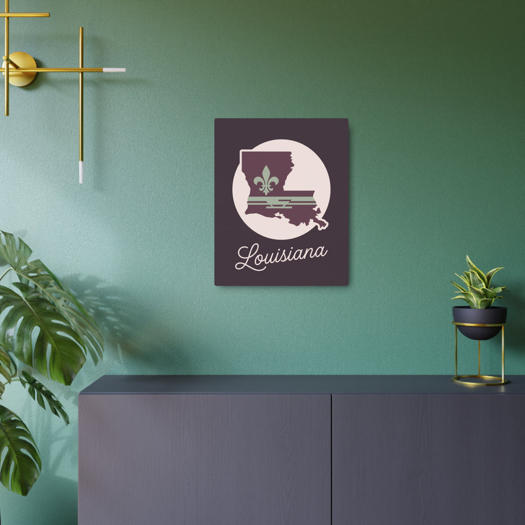 Square metal wall art featuring Louisiana silhouette and script 'Louisiana' in plum