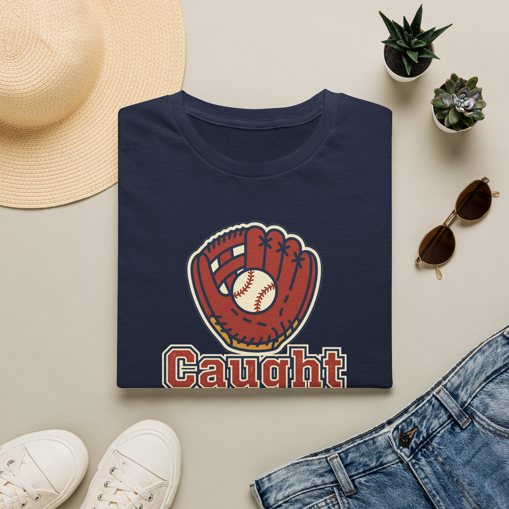 Navy baseball T-shirt with vintage glove graphic and 'Caught' lettering