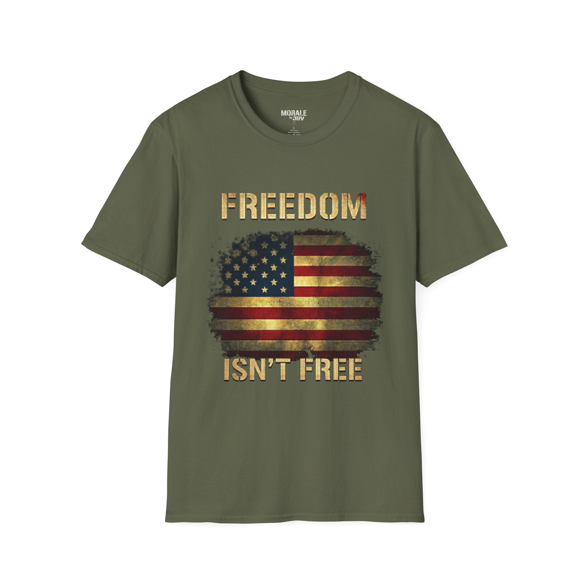 Military green Freedom Isn’t Free T-shirt with U.S. flag graphic