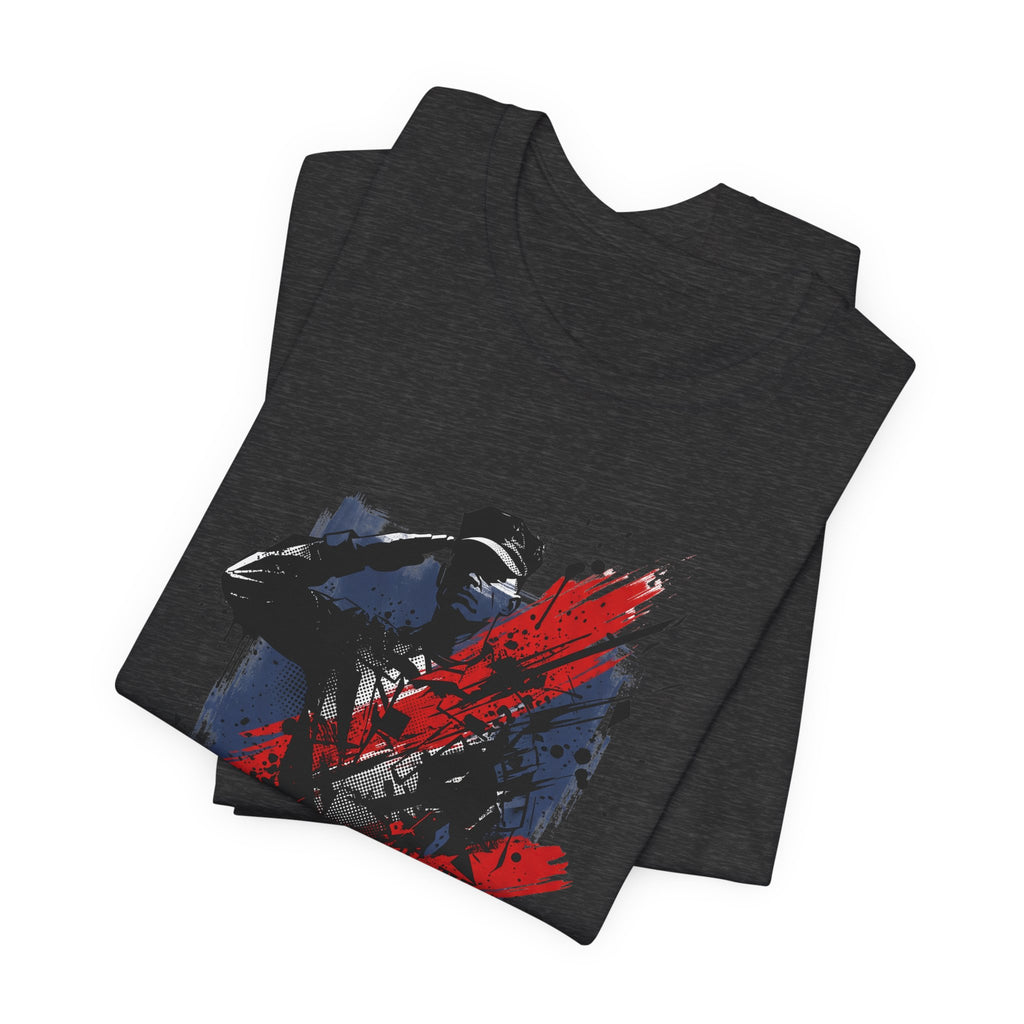 Dark gray crewneck T-shirt with honor soldier silhouette graphic in red and black splatter.