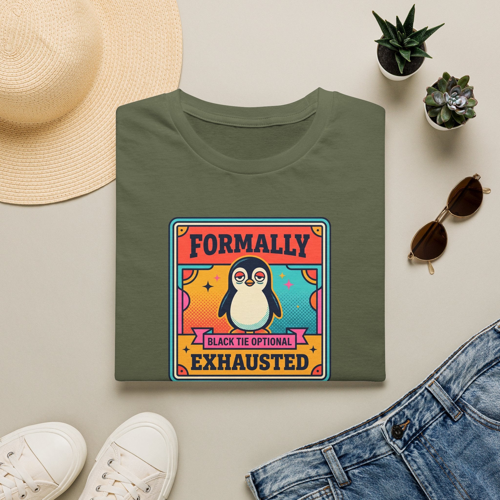 Military green crew-neck T-shirt with retro penguin badge graphic and “Formally” “Exhausted” text.