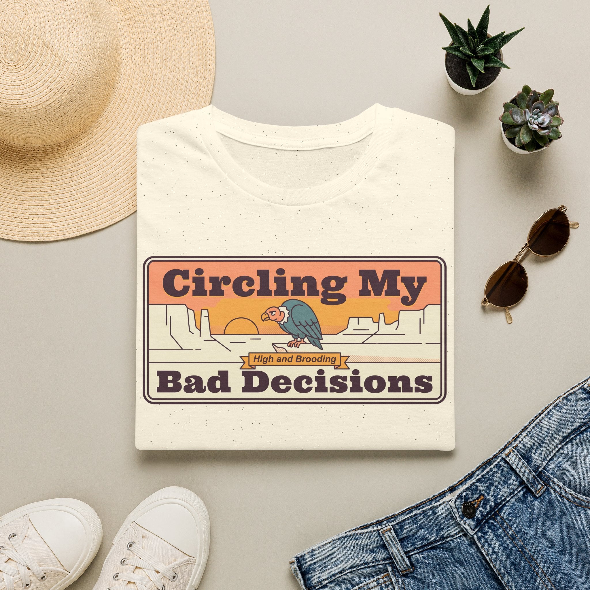 White crewneck T-shirt with retro vulture "Circling My Bad Decisions" graphic