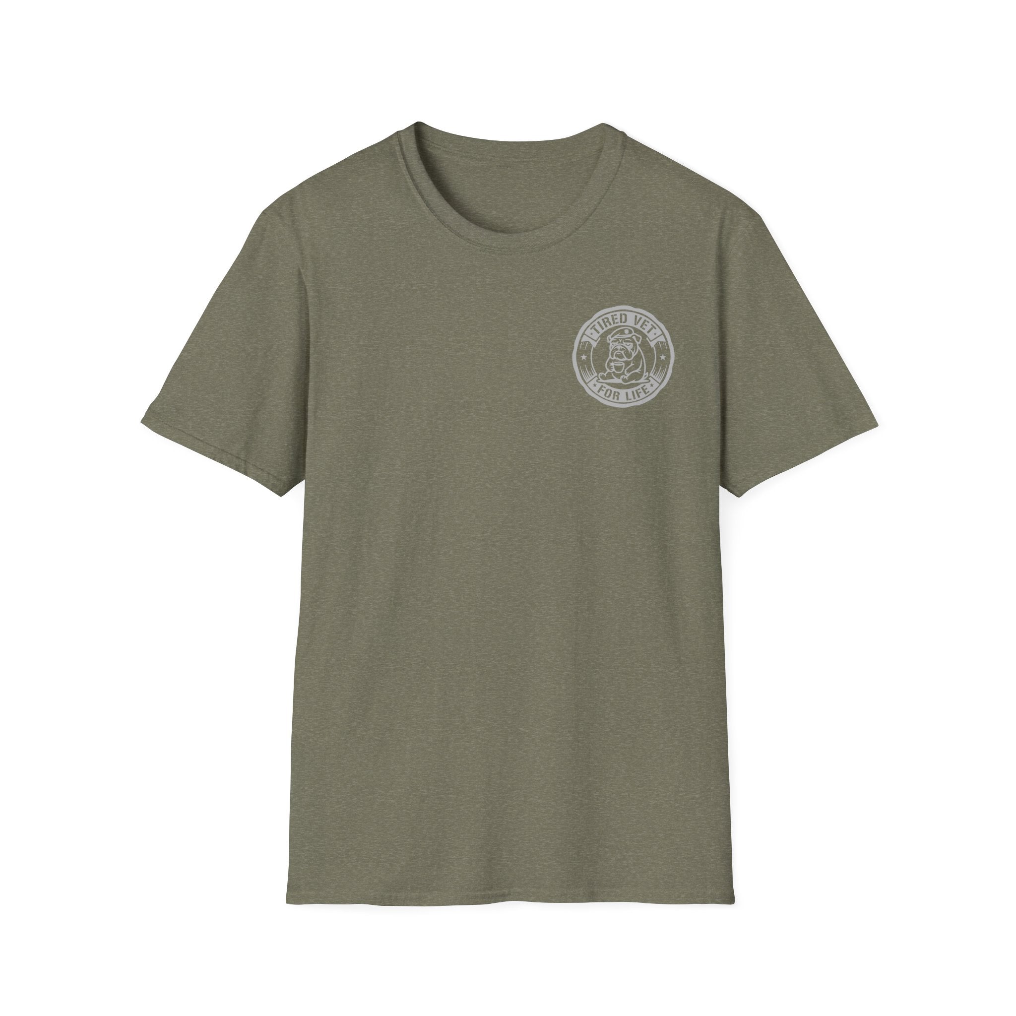 Olive green crewneck T-shirt with circular retired veteran emblem on left chest