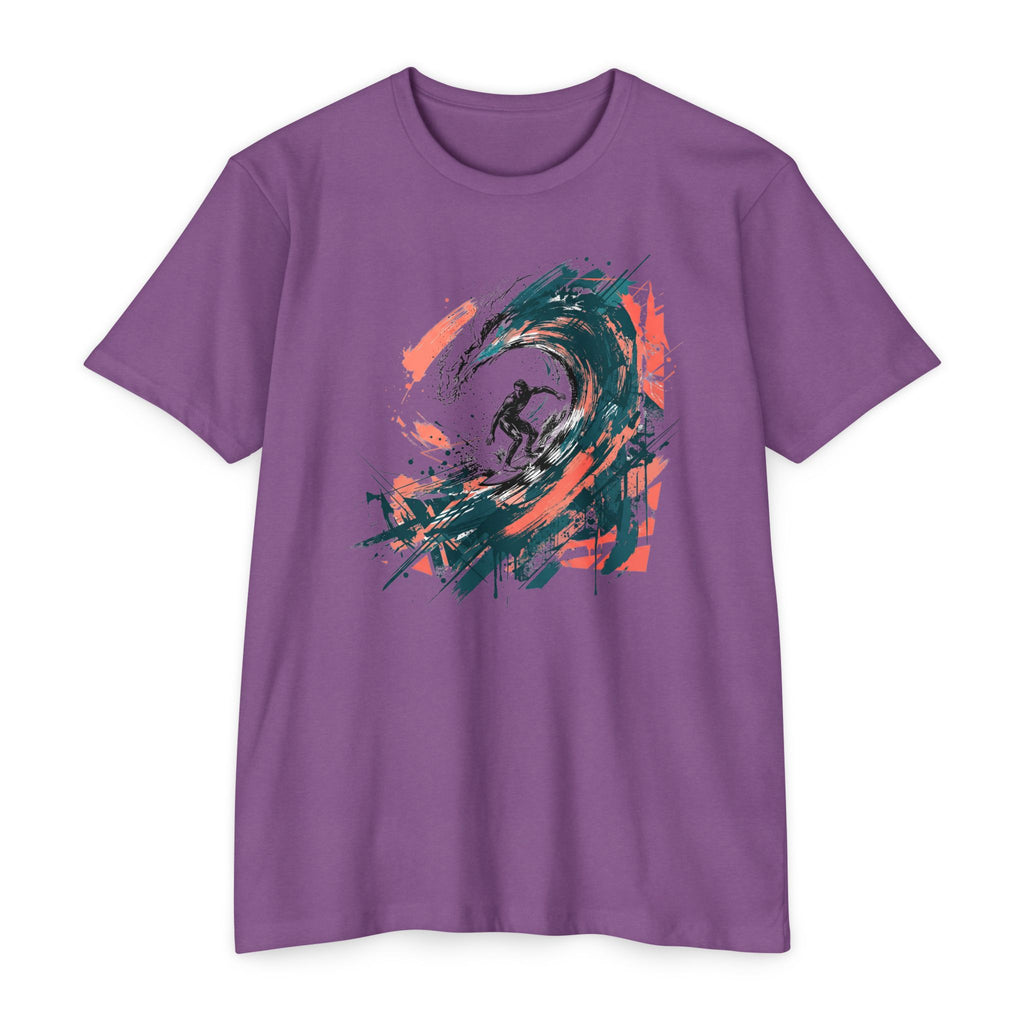Lavender unisex T-shirt with front abstract wave paintbrush graphic in teal, green, orange, and black