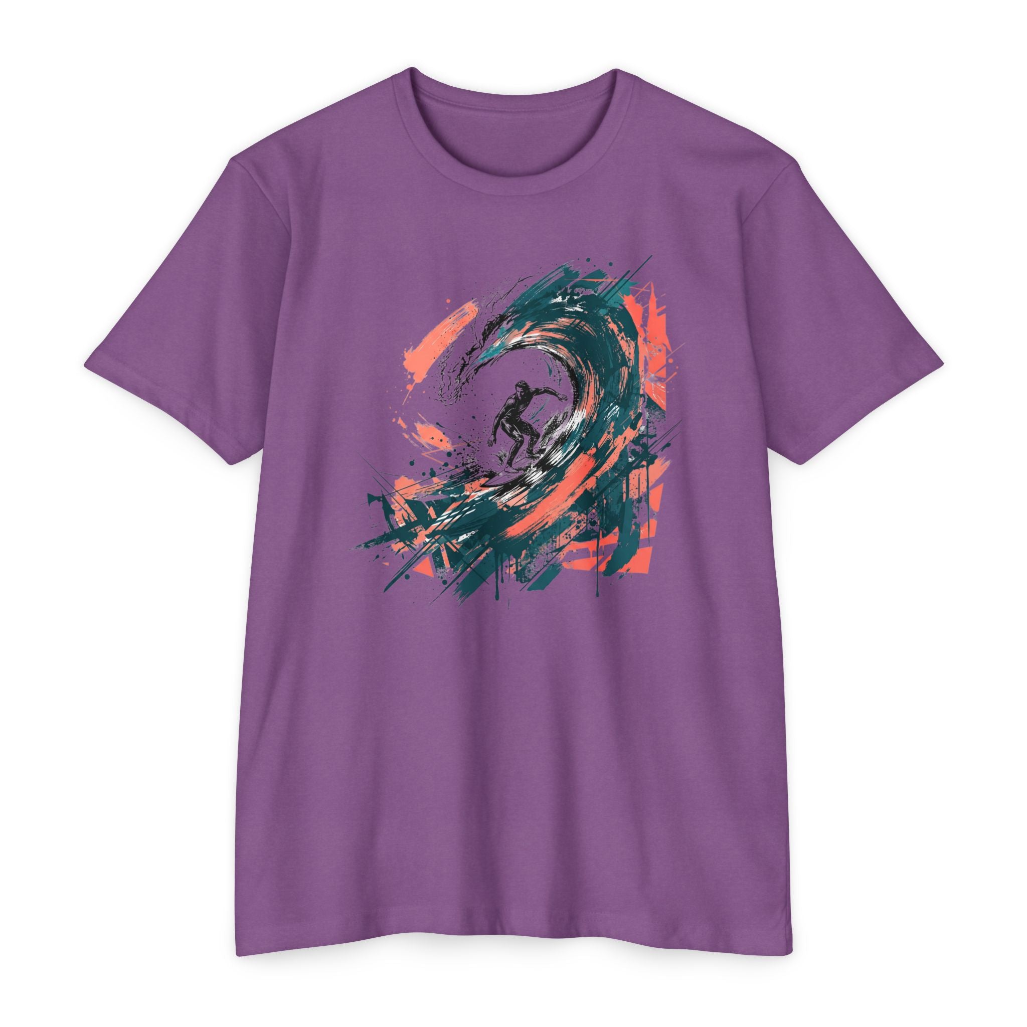 Lavender unisex T-shirt with front abstract wave paintbrush graphic in teal, green, orange, and black