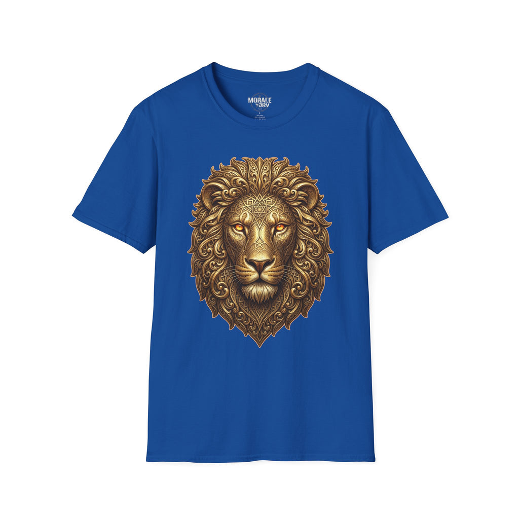 Ornate gold lion head t-shirt on royal blue fabric, bold lion face graphic