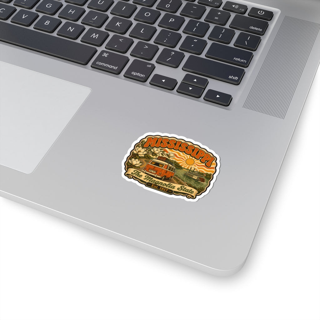 Colorful Mississippi state sticker with orange riverboat and “MISSISSIPPI” text
