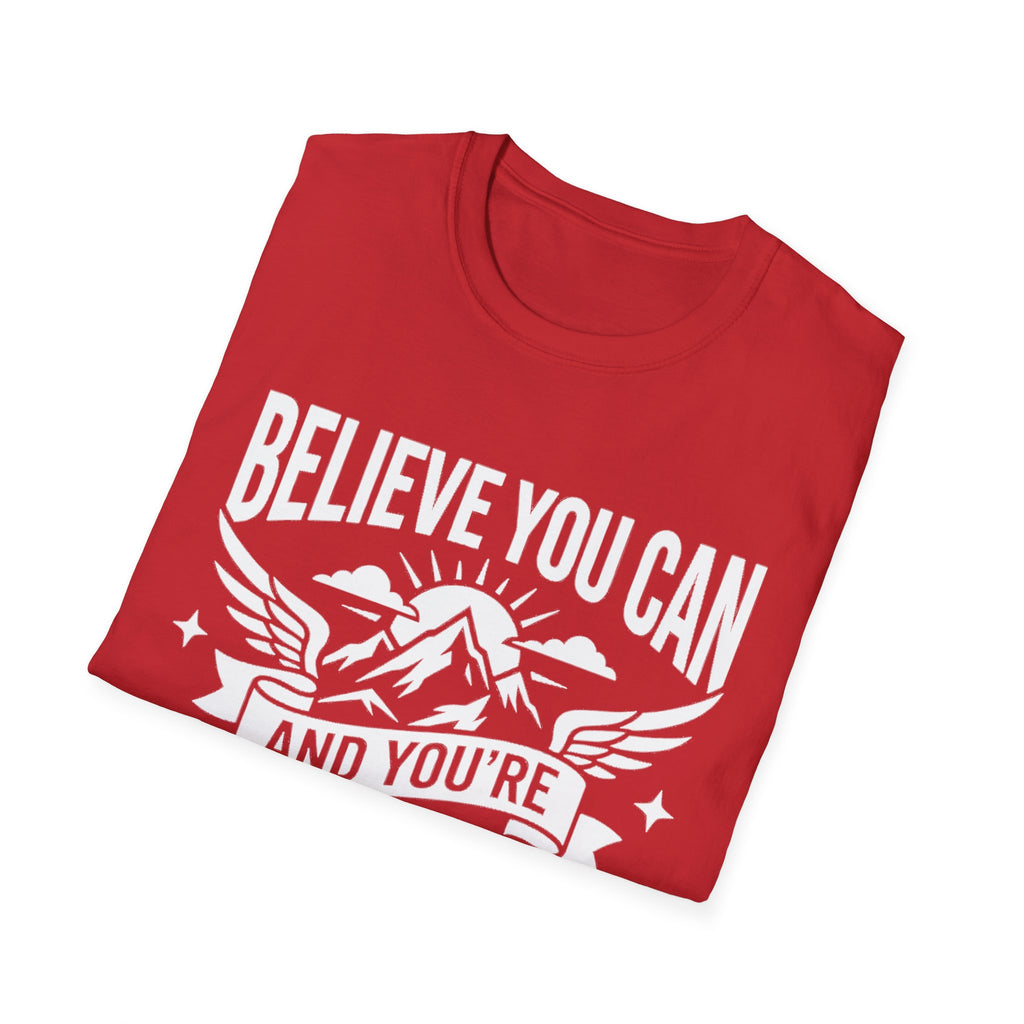 Red Believe You Can mountain quote T-shirt with winged hiking graphic