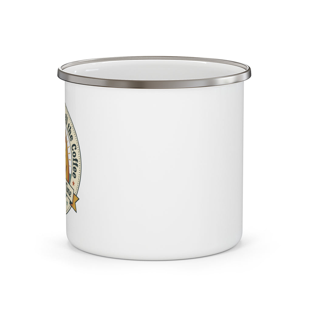 Enamel camping mug with white body and partial sloth graphic on left side